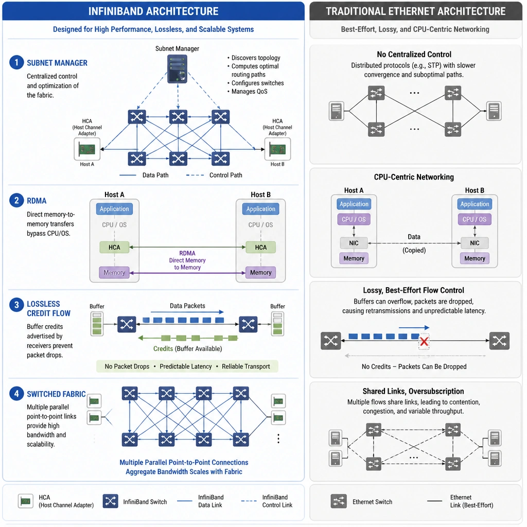 A diagram illustrating InfiniBand architecture features compared to traditional Ethernet. On the InfiniBand side, show: 1) A 'Subnet Manager' icon controlling routing paths, 2) 'RDMA' showing direct memory-to-memory paths bypassing CPU/OS, 3) 'Lossless Credit Flow' showing buffer credits preventing packet drops, and 4) A 'Switched Fabric' network topology showing multiple parallel point-to-point connections.