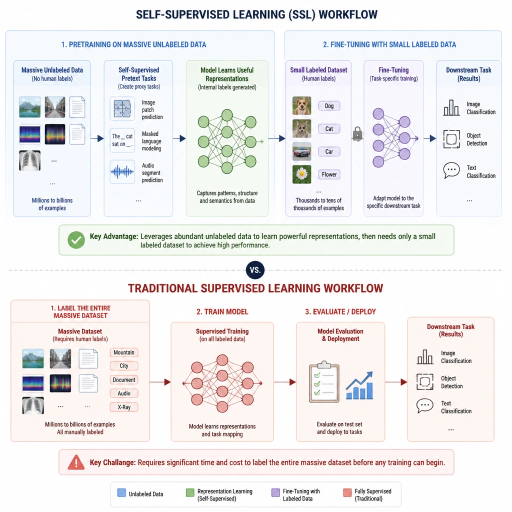A workflow diagram illustrating self-supervised learning, showing pretraining on massive unlabeled data to generate internal labels, followed by fine-tuning with a small labeled dataset, contrasted against traditional supervised learning which requires labeling the entire massive dataset before training starts.