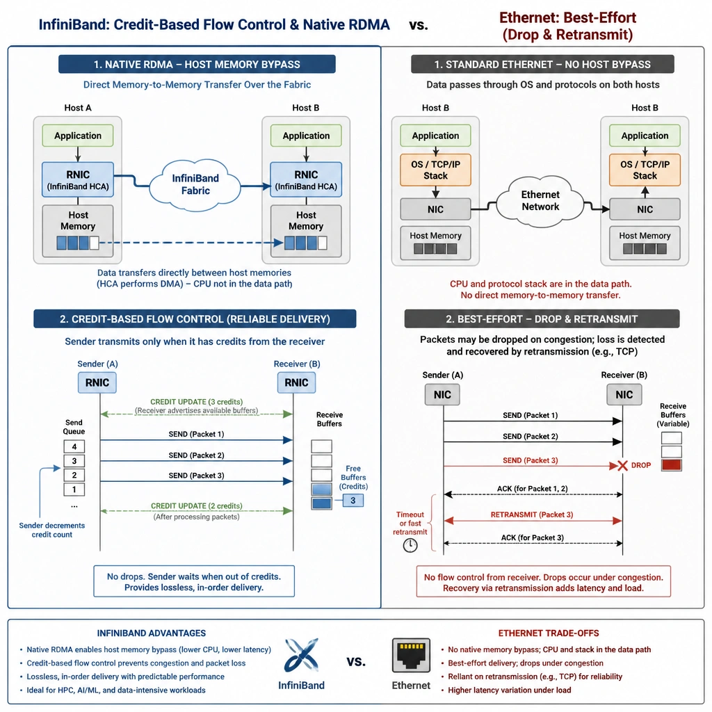 An architectural diagram comparing InfiniBand credit-based flow control and native RDMA against standard Ethernet. The diagram should illustrate host memory bypass (RDMA) showing direct memory-to-memory transfer over the fabric, and a credit system where a sender waits for buffer credits from the receiver, contrasting with Ethernet's best-effort drop-and-retransmit model.