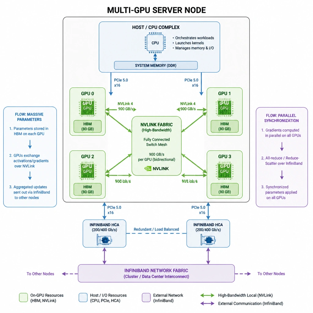 A block diagram of a multi-GPU server node. It shows GPUs with integrated HBM (High Bandwidth Memory) communicating locally via a high-bandwidth NVLink fabric, and communicating externally with other nodes via InfiniBand Host Channel Adapters (HCAs), highlighting the flow of massive parameters and parallel synchronization.