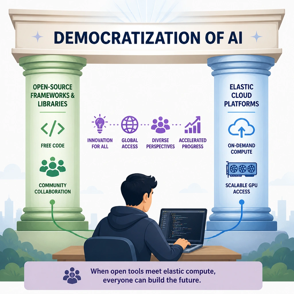 A graphic showing a developer at a laptop connected to two pillars. One pillar represents 'Open-Source Frameworks & Libraries' (free code, community collaboration) and the second pillar represents 'Elastic Cloud Platforms' (on-demand compute, scalable GPU access). Together, these pillars support a banner that reads 'Democratization of AI'.