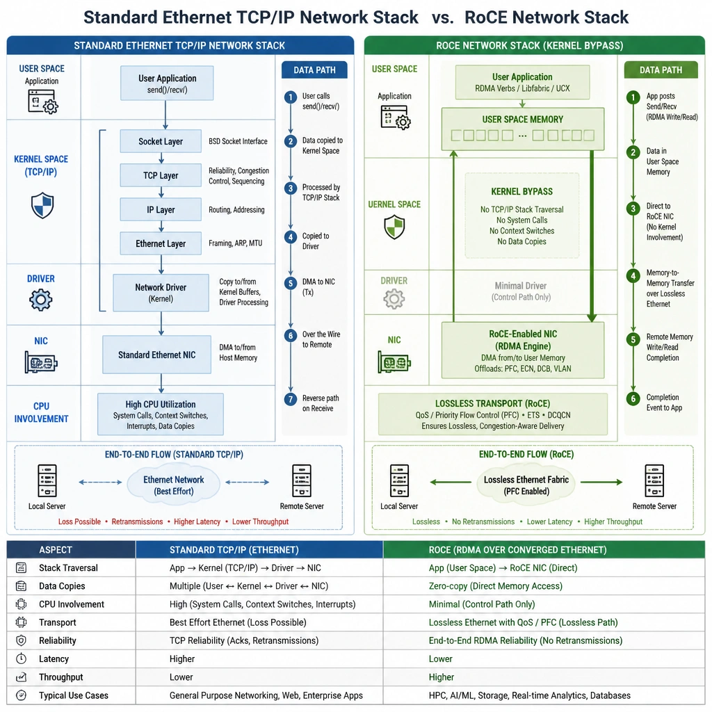 A detailed diagram comparing a Standard Ethernet TCP/IP Network Stack vs a RoCE Network Stack. The standard stack shows data traversing the User Space, Kernel Space (TCP/IP), Driver, NIC, and CPU involvement. The RoCE stack shows 'Kernel Bypass' with data passing directly from User Space memory to the RoCE-enabled NIC, which then performs memory-to-memory transfer to the remote server, with QoS / Priority Flow Control ensuring a lossless transport path.