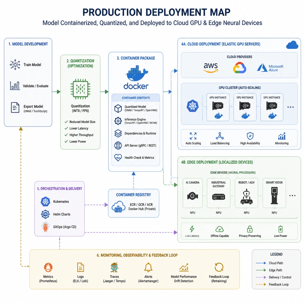 A production deployment map showing a model packaged inside a Docker container, optimized via a quantization block, deployed both to elastic cloud GPU servers and to localized edge devices with neural processors.