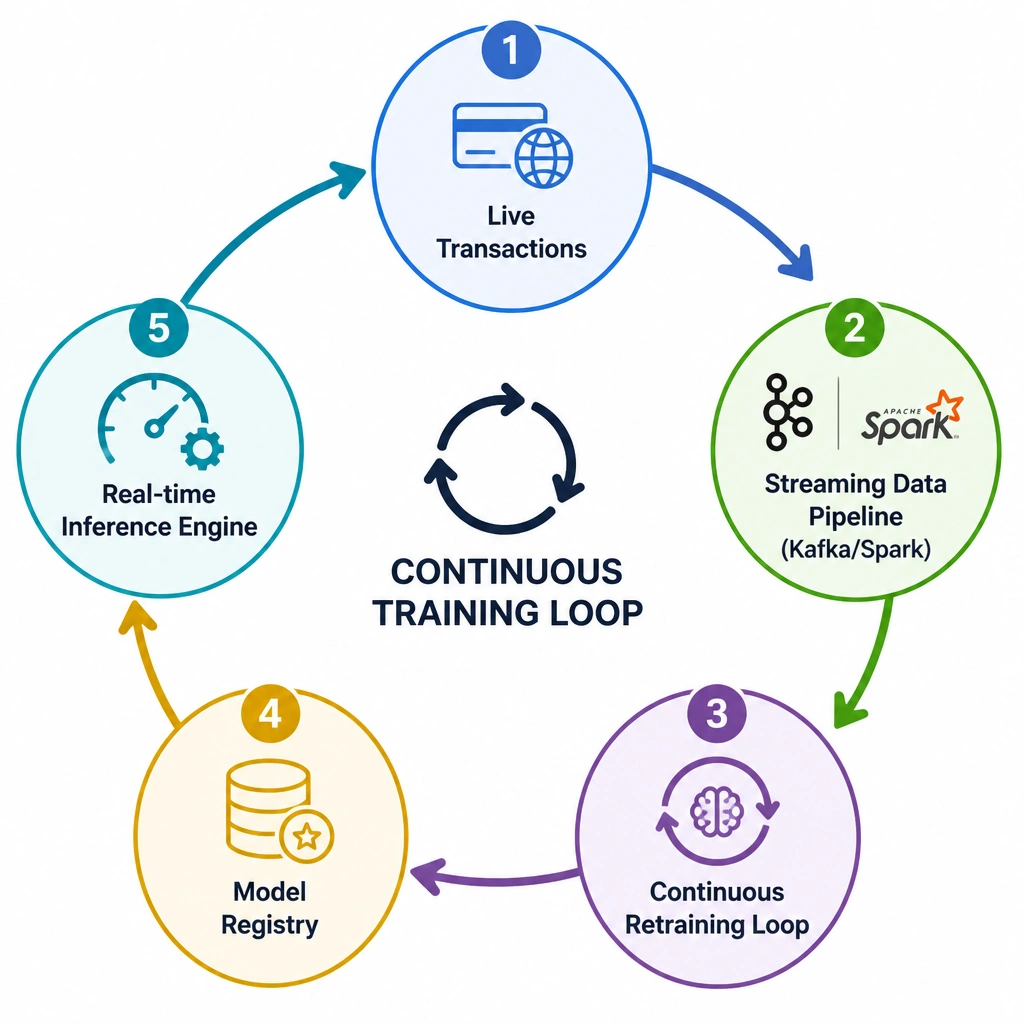 A cyclic flowchart displaying a continuous training loop: (1) Live Transactions, (2) Streaming Data Pipeline (Kafka/Spark), (3) Continuous Retraining Loop, (4) Model Registry, and (5) Real-time Inference Engine. Arrows connect the steps in a circle to highlight the ongoing nature of the feedback loop.