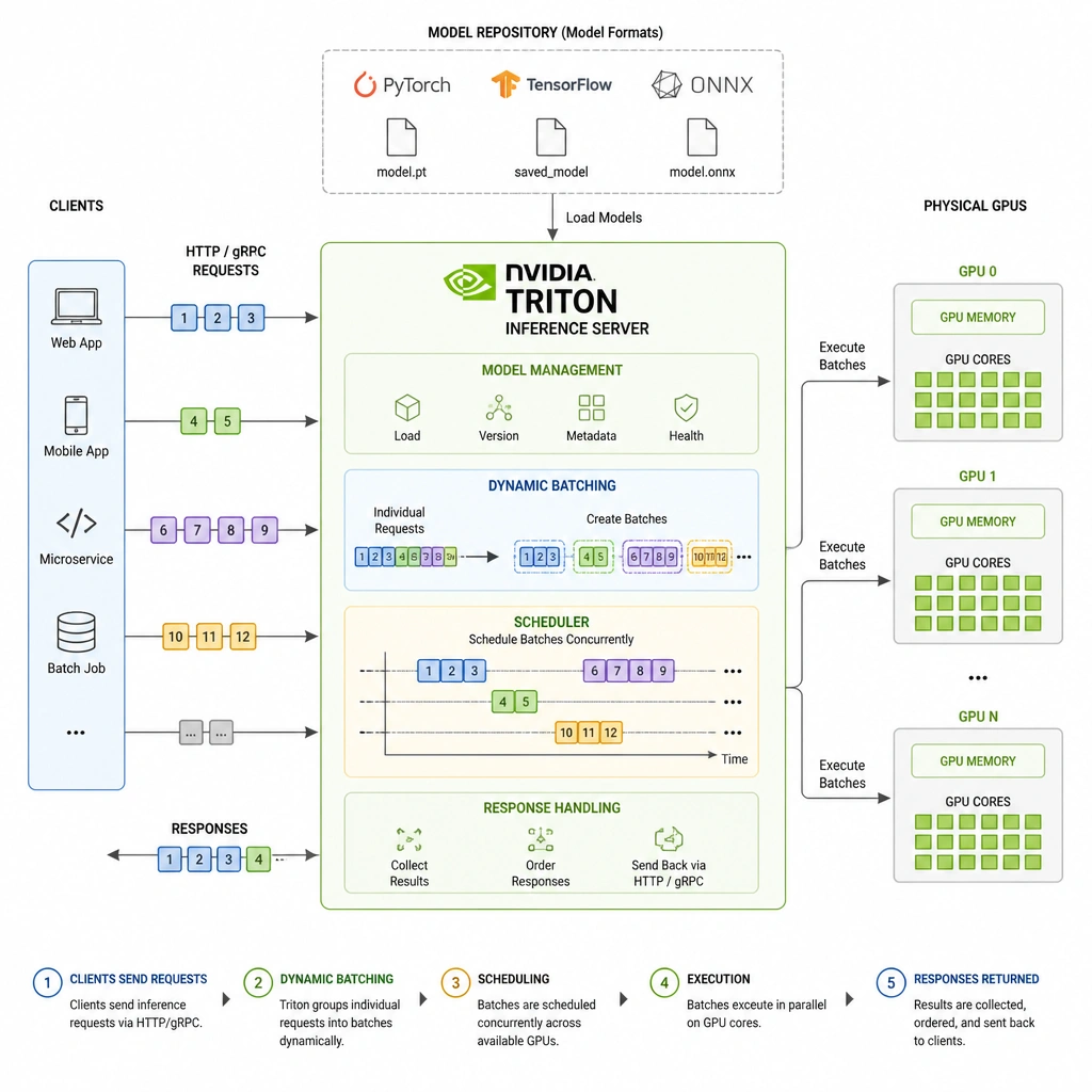 An architecture diagram of NVIDIA Triton Inference Server sitting in the middle of client requests (sending HTTP/gRPC requests) and physical GPUs. The server is shown accepting PyTorch, TensorFlow, and ONNX models, applying dynamic batching to group individual requests, and scheduling them concurrently onto the GPU cores.