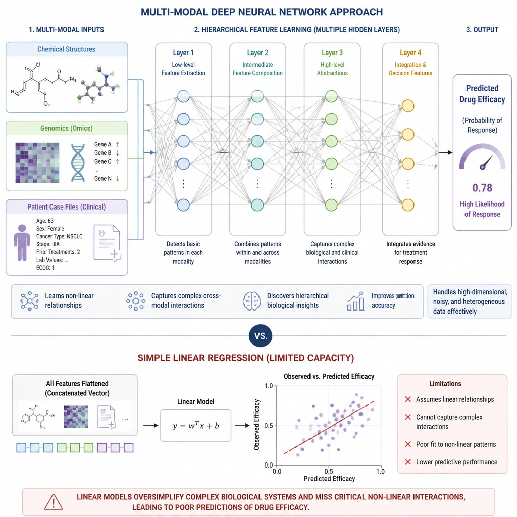 A conceptual flowchart showing multi-modal input data (chemical structures, genomics, patient case files) feeding into a neural network with multiple hidden layers. The layers are shown extracting features step-by-step to produce a final prediction of drug efficacy, contrasting this with a simple linear regression line that fails to capture the complexity.