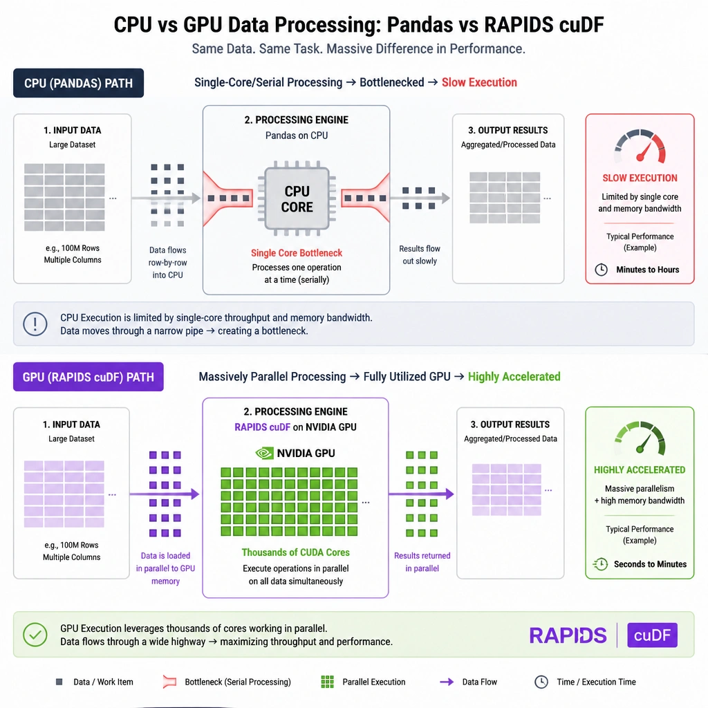 A workflow diagram comparing CPU-based data processing (Pandas) with GPU-accelerated data processing (RAPIDS cuDF). The CPU path should show data moving through a bottlenecked CPU core, resulting in slow execution. The GPU path should show data utilizing the parallel architecture of RAPIDS cuDF across thousands of CUDA cores, leading to highly accelerated processing.