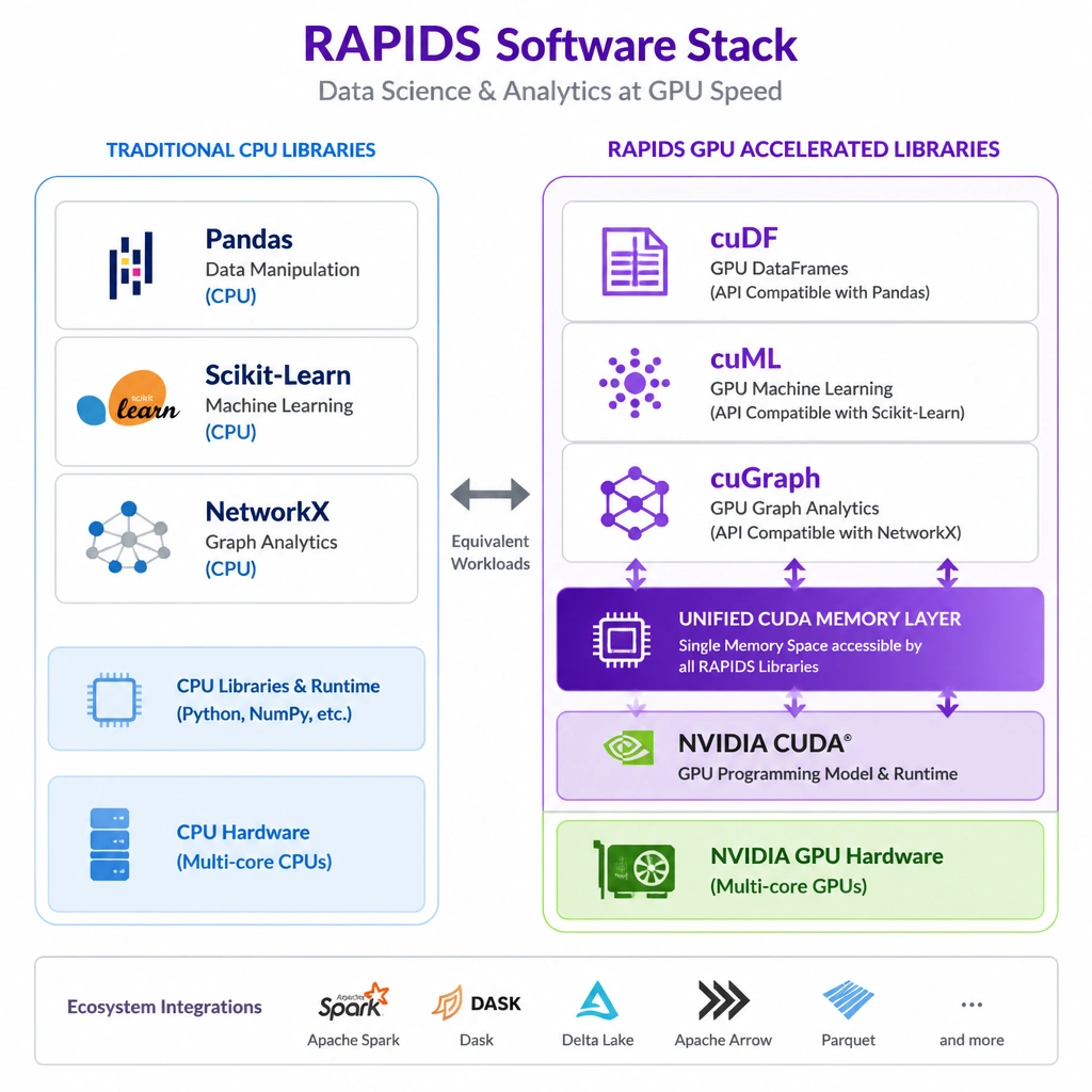 A conceptual diagram showing the RAPIDS software stack. On one side, show the traditional CPU libraries (Pandas, Scikit-Learn, NetworkX). On the parallel GPU side, show the corresponding RAPIDS libraries (cuDF, cuML, cuGraph) running on CUDA and GPU hardware, highlighting the unified CUDA memory layer that connects them.