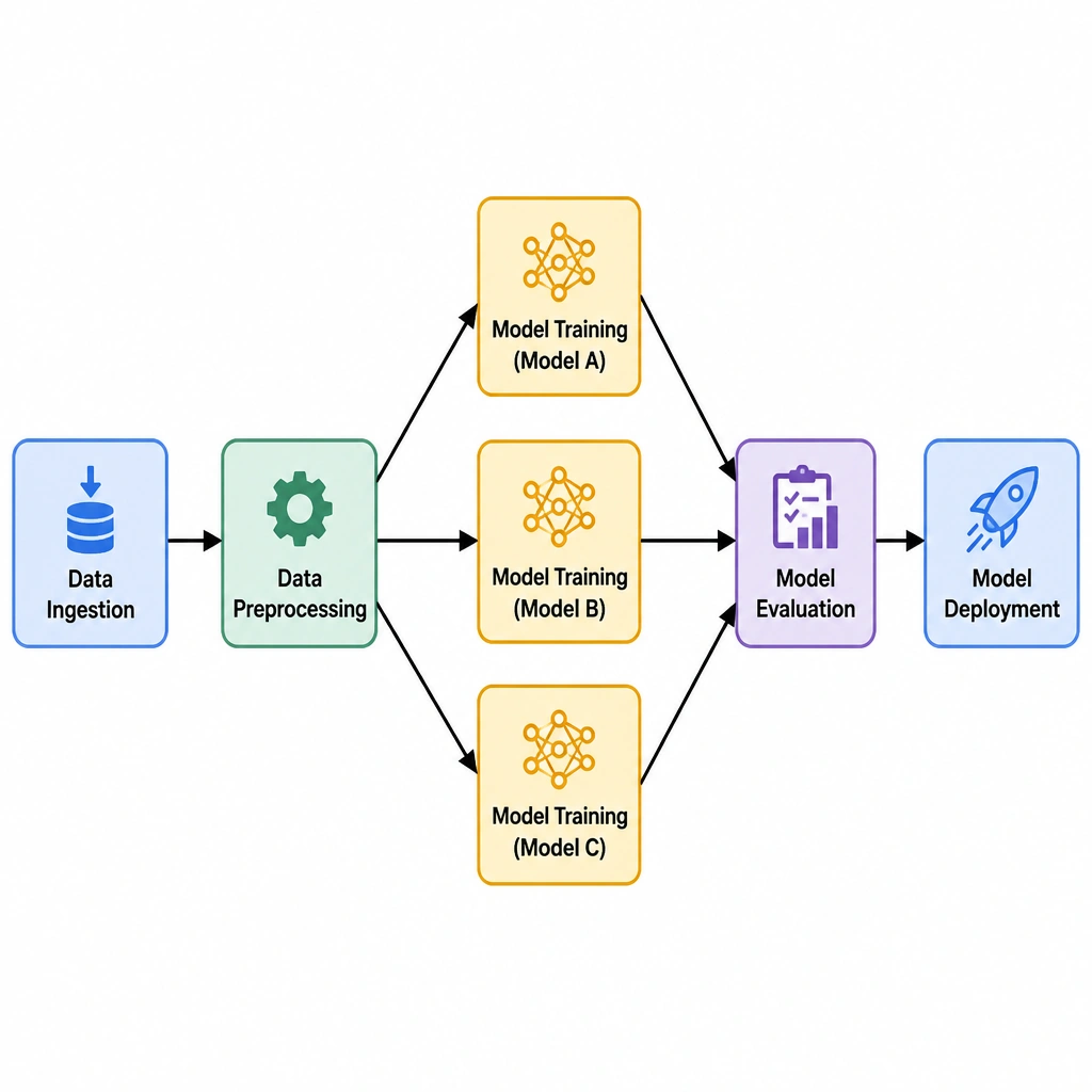 A visual flowchart of a Directed Acyclic Graph (DAG) for a machine learning pipeline. Show an initial 'Data Ingestion' node pointing to a 'Data Preprocessing' node. From the preprocessing node, show three parallel arrows pointing to three separate 'Model Training' nodes (Model A, Model B, Model C). These three training nodes then converge into a single 'Model Evaluation' node, which finally points to a 'Model Deployment' node.
