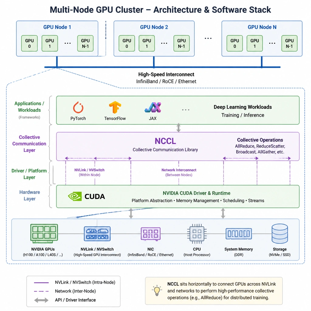 A system stack diagram showing a multi-GPU server. The bottom layer shows multiple physical GPUs connected by NVLink. Above it, the CUDA layer executes parallel computation, and the NCCL layer handles direct, high-speed collective communication primitives between the GPUs, bypassing the host CPU.