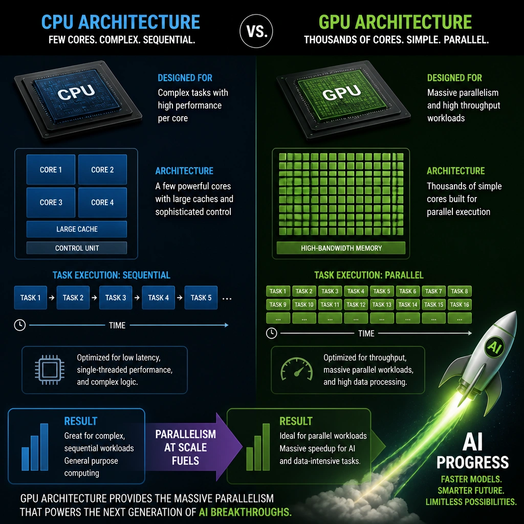 A comparison graphic illustrating CPU architecture versus GPU architecture. The CPU side should show a few complex cores handling tasks sequentially, while the GPU side shows a massive grid of thousands of smaller, simpler cores performing calculations simultaneously, leading to a rocket ship representing AI progress.
