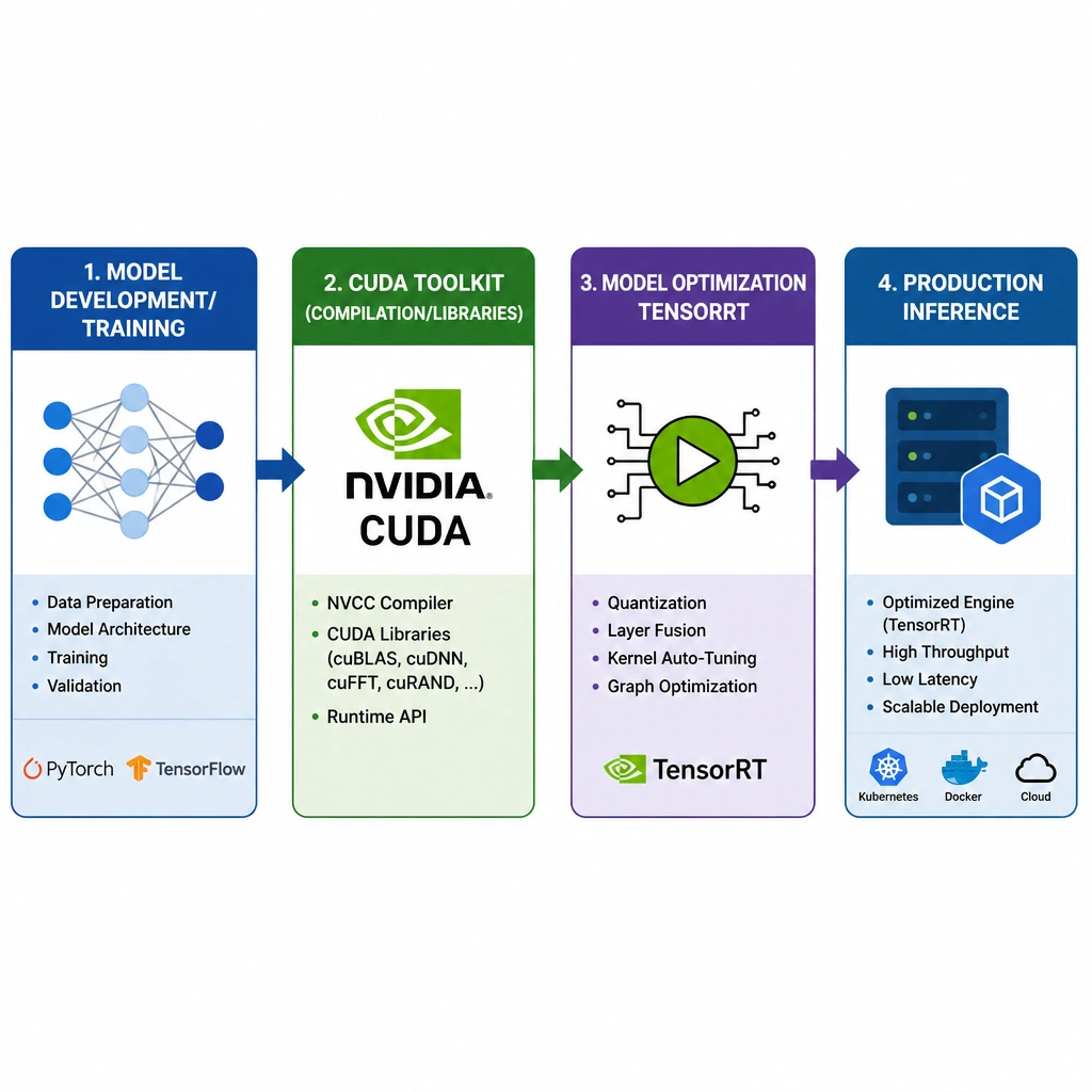 A software architecture diagram mapping the AI development lifecycle. The left side (Development & Training) points to the CUDA Toolkit which compiles the model. The right side (Optimization & Deployment) shows the trained model passing through TensorRT for quantization and optimization, outputting an accelerated inference engine ready for production.