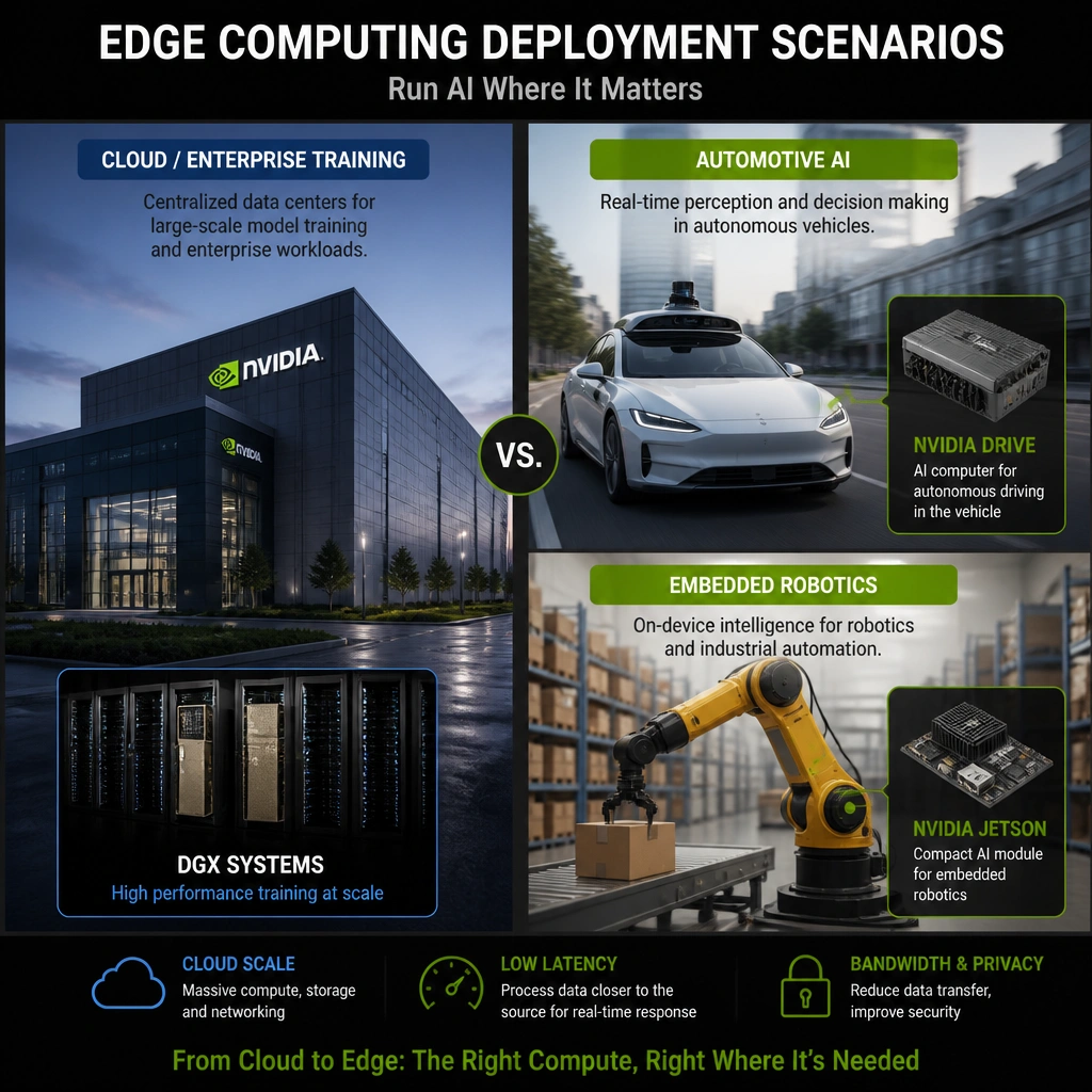 A schematic of an autonomous vehicle's onboard computer system. Show sensor inputs (LiDAR, camera, radar) feeding directly into the NVIDIA DRIVE AGX Pegasus module in the vehicle chassis, processing the data in real-time, alongside a Jetson AGX Xavier module performing localized robotic path planning, with low-power and high-reliability badges prominent.