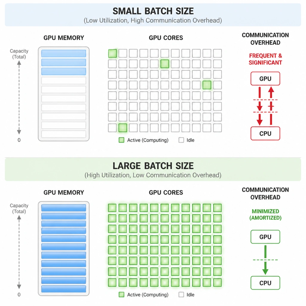 A conceptual visualization of GPU memory and cores. The top half shows 'Small Batch Size' with only a few GPU cores active (low utilization) and lots of idle white space, and a red arrow indicating frequent communication overhead. The bottom half shows 'Large Batch Size' where the GPU memory is full, all cores are glowing green (high utilization), and the communication overhead is minimized relative to active compute time.