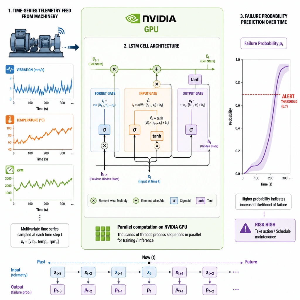 A diagram illustrating a time-series telemetry feed (vibration, temperature, RPM) from machinery flowing into an LSTM cell architecture (showing Input, Forget, and Output gates), which is processed inside an NVIDIA GPU to output a 'Failure Probability' prediction over time.