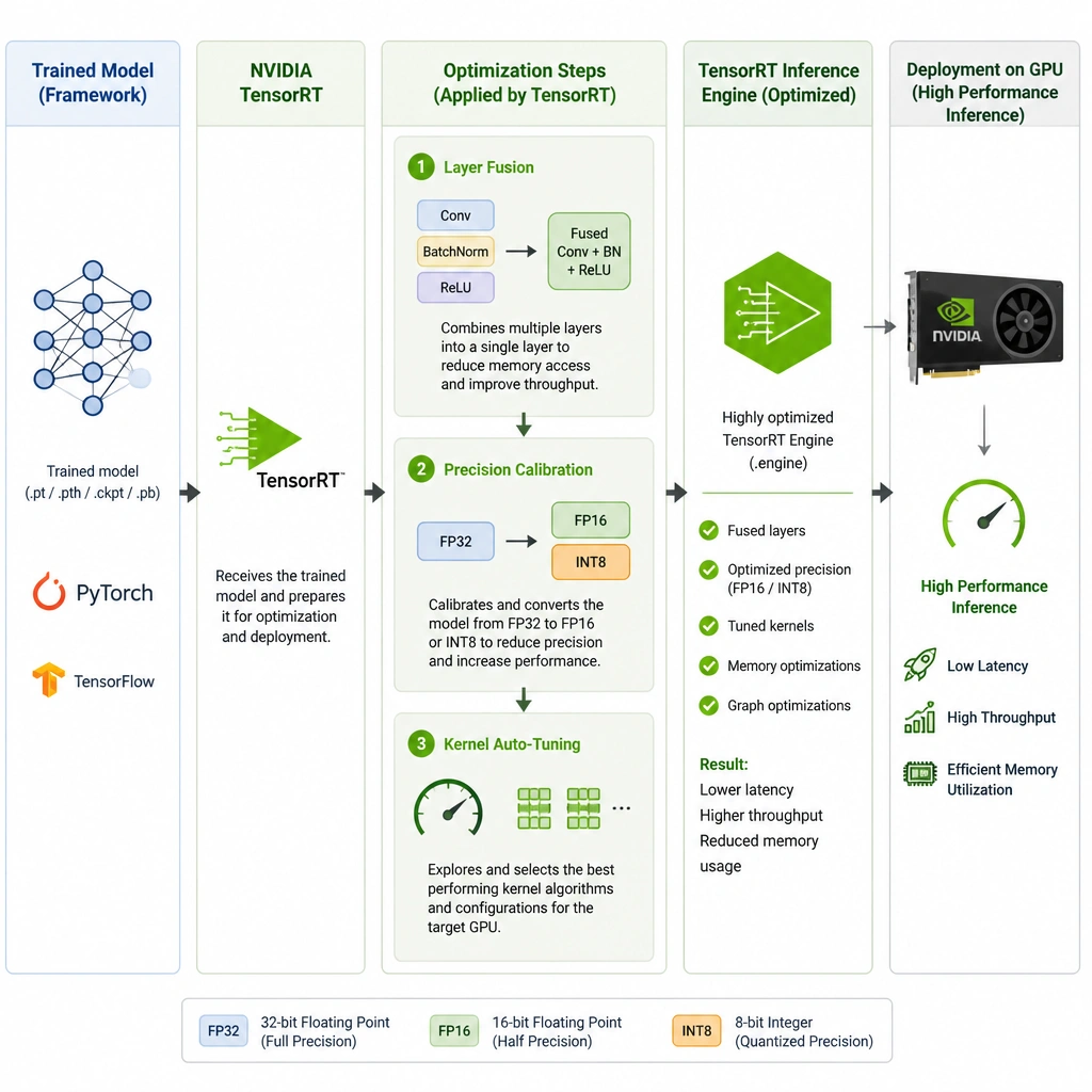 A flowchart diagram showing a trained model (PyTorch/TensorFlow) passing through NVIDIA TensorRT, where optimization steps like layer fusion, precision calibration (FP32 to FP16/INT8), and kernel auto-tuning are applied, resulting in a highly optimized TensorRT Inference Engine deployed on a GPU.