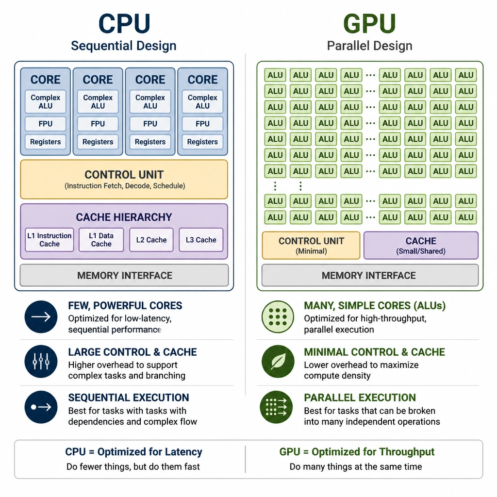 An architectural diagram comparing a CPU and a GPU. The CPU side shows a few large, complex cores with a large Control and Cache block. The GPU side shows a grid of hundreds of small, simple cores (ALUs) with minimal control and cache overhead, highlighting the difference between sequential and parallel design.