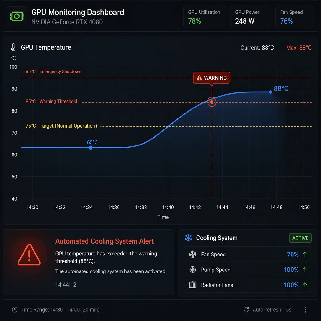 A monitoring dashboard graph showing a GPU's Temperature over time. The line starts at a stable 65°C, then rises sharply to 88°C, triggering a red 'Warning' threshold indicator and an automated cooling system alert before reaching the emergency shutdown limit.