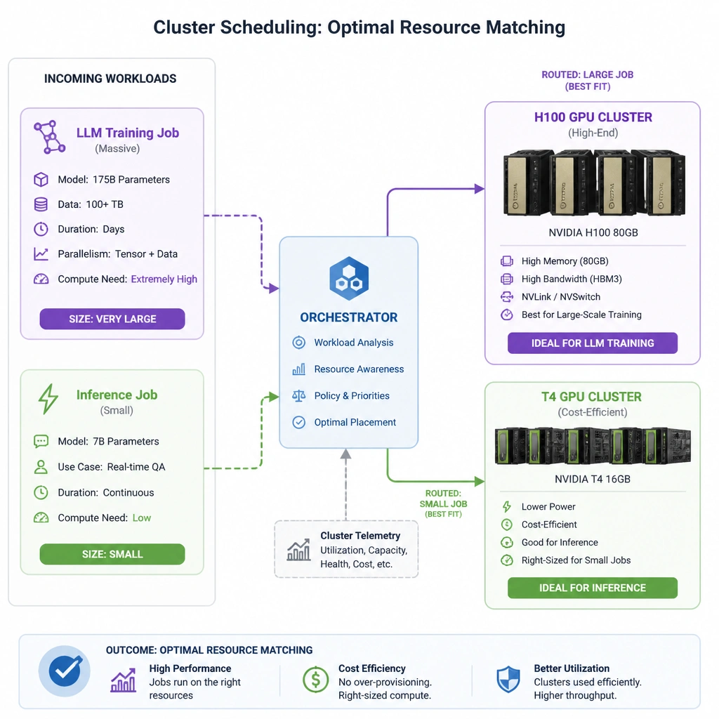 A cluster scheduling diagram showing incoming workloads of different sizes (a massive LLM training job vs. a small inference job) being routed by an Orchestrator. The orchestrator routes the large LLM job to a cluster of powerful H100 GPUs, and the small inference job to lower-tier T4 GPUs, illustrating optimal resource matching.
