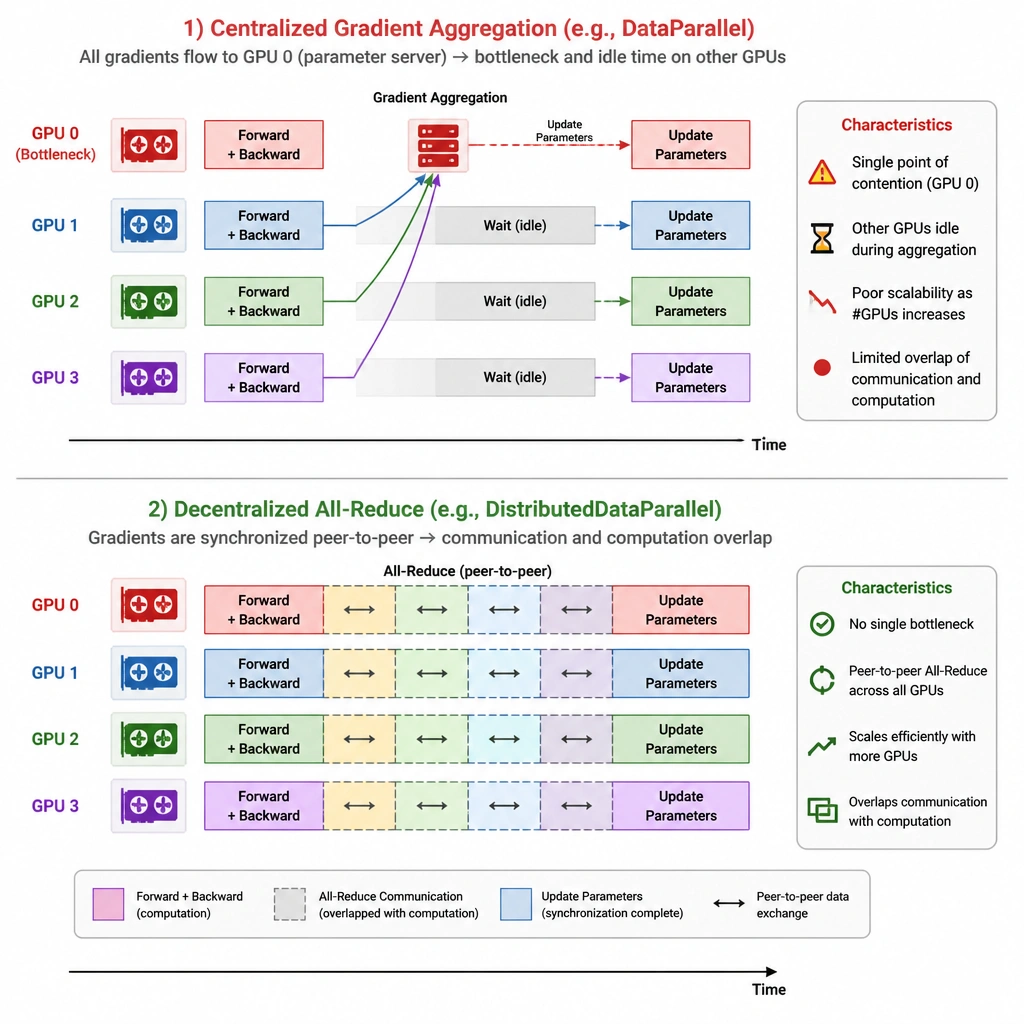 Visual diagram comparing centralized gradient aggregation (like standard DataParallel with a bottleneck GPU 0) versus decentralized all-reduce synchronization (like DistributedDataParallel showing overlapping computation and communication across multiple GPUs).