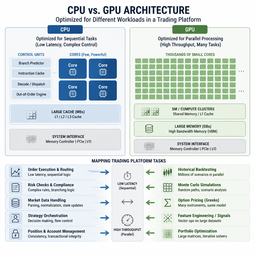 A architectural diagram comparing CPU vs. GPU design, showing a CPU with a few large cores, large cache, and control units (optimized for sequential tasks) alongside a GPU with thousands of small cores (optimized for parallel processing), with arrows mapping trading platform tasks to each.