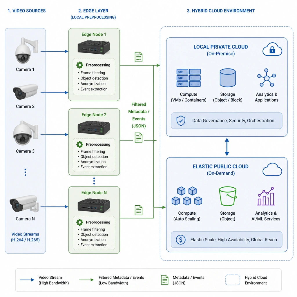 A network architecture diagram showing video cameras connected to local edge computing nodes for preprocessing, which then send filtered metadata to a hybrid cloud environment consisting of a local private cloud and an elastic public cloud.