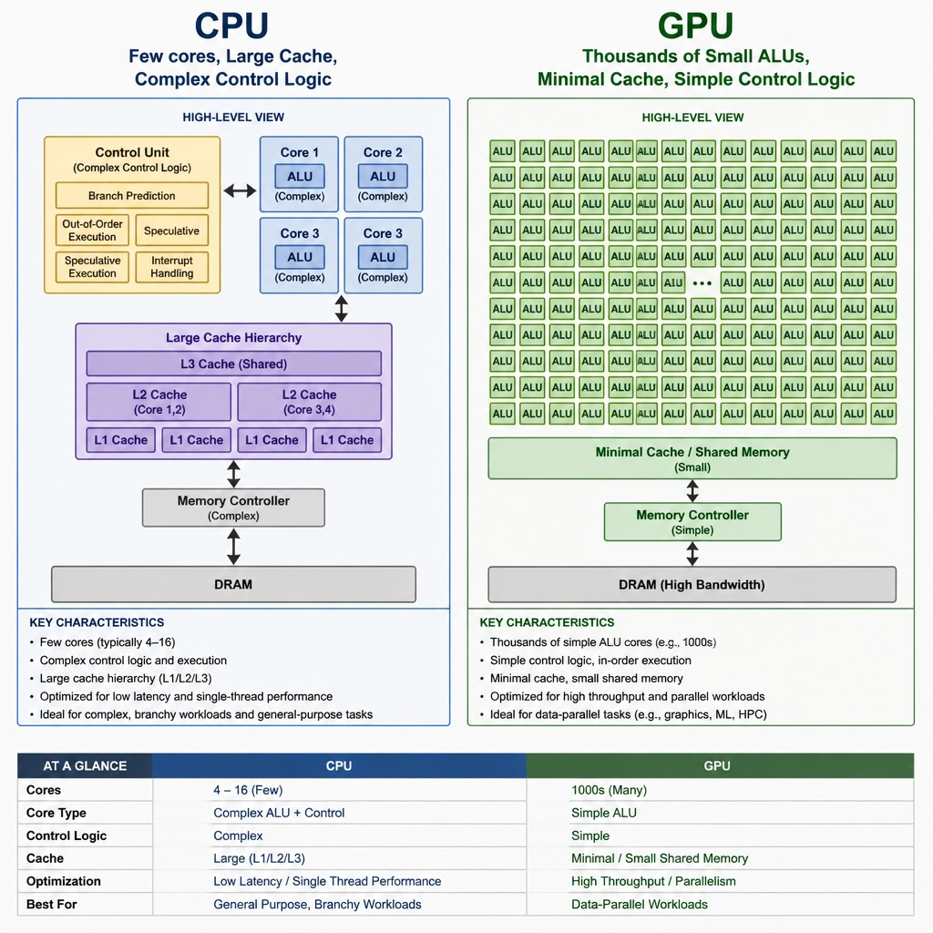 Architectural comparison showing a CPU (few cores, large cache, complex control logic) next to a GPU (thousands of small ALU cores, minimal cache, simple control logic).