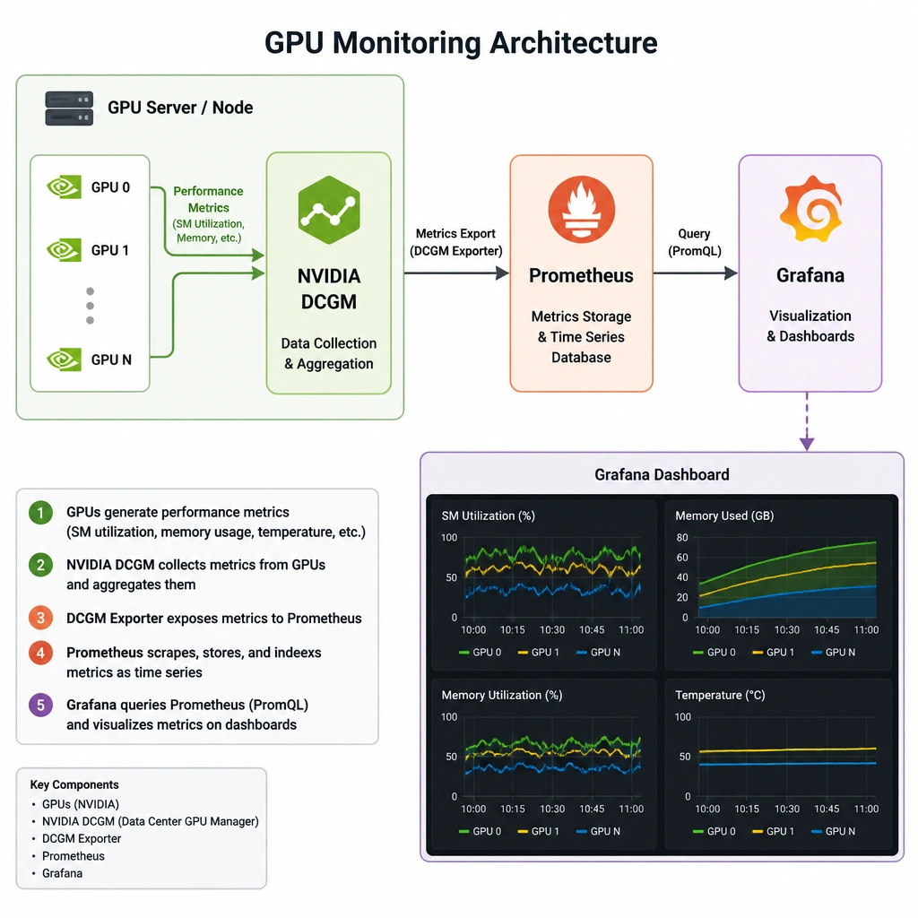 A monitoring architecture diagram showing GPUs sending performance metrics (SM utilization, memory) through NVIDIA DCGM to Prometheus, which displays them on a Grafana dashboard.