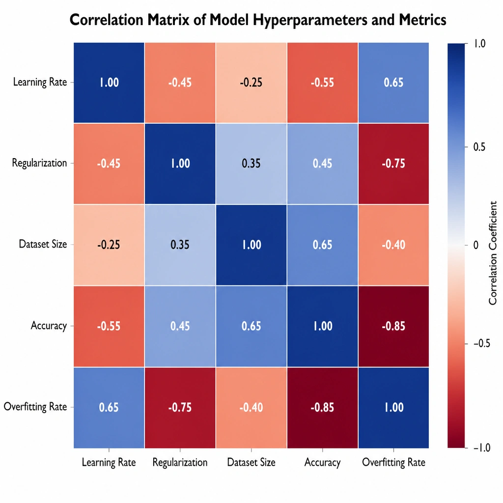 A heatmap representation of a correlation matrix, showcasing variables like Learning Rate, Regularization, Dataset Size, Accuracy, and Overfitting Rate, with cells colored by their correlation coefficients.