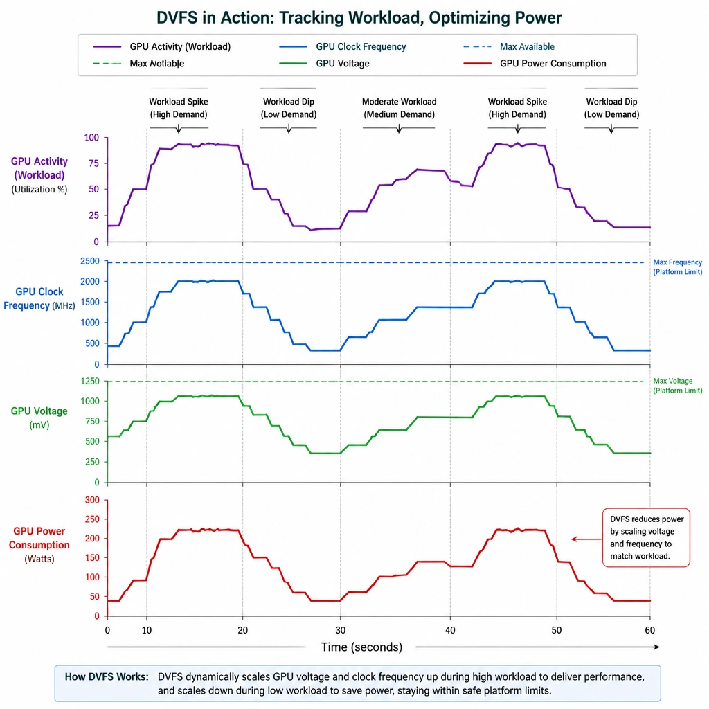 A line graph representing GPU activity and power consumption over time, showing how Dynamic Voltage and Frequency Scaling (DVFS) dynamically adjusts the voltage and clock frequency curve to track workload spikes and dips, optimizing power usage.