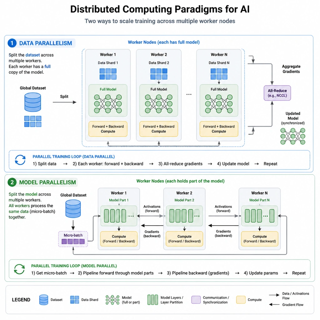 A diagram illustrating distributed computing paradigms for AI: Data Parallelism (splitting dataset across multiple worker nodes) and Model Parallelism (splitting model layers across multiple worker nodes), showing parallel processing loops.