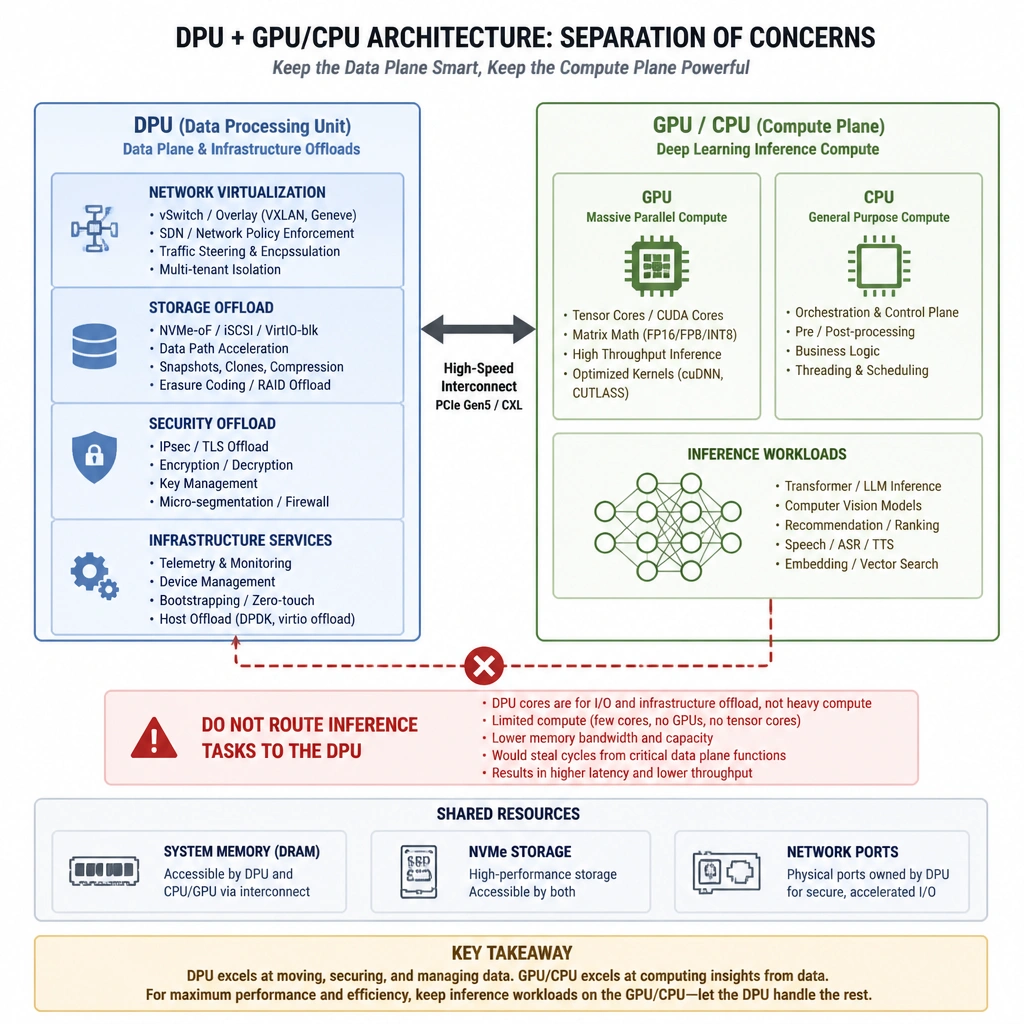 An architectural block diagram showing the separation of concerns between a DPU (handling network virtualization, storage, and security offloads) and a GPU/CPU pair (handling heavy deep learning model inference compute), illustrating why inference tasks should not be routed to the DPU.