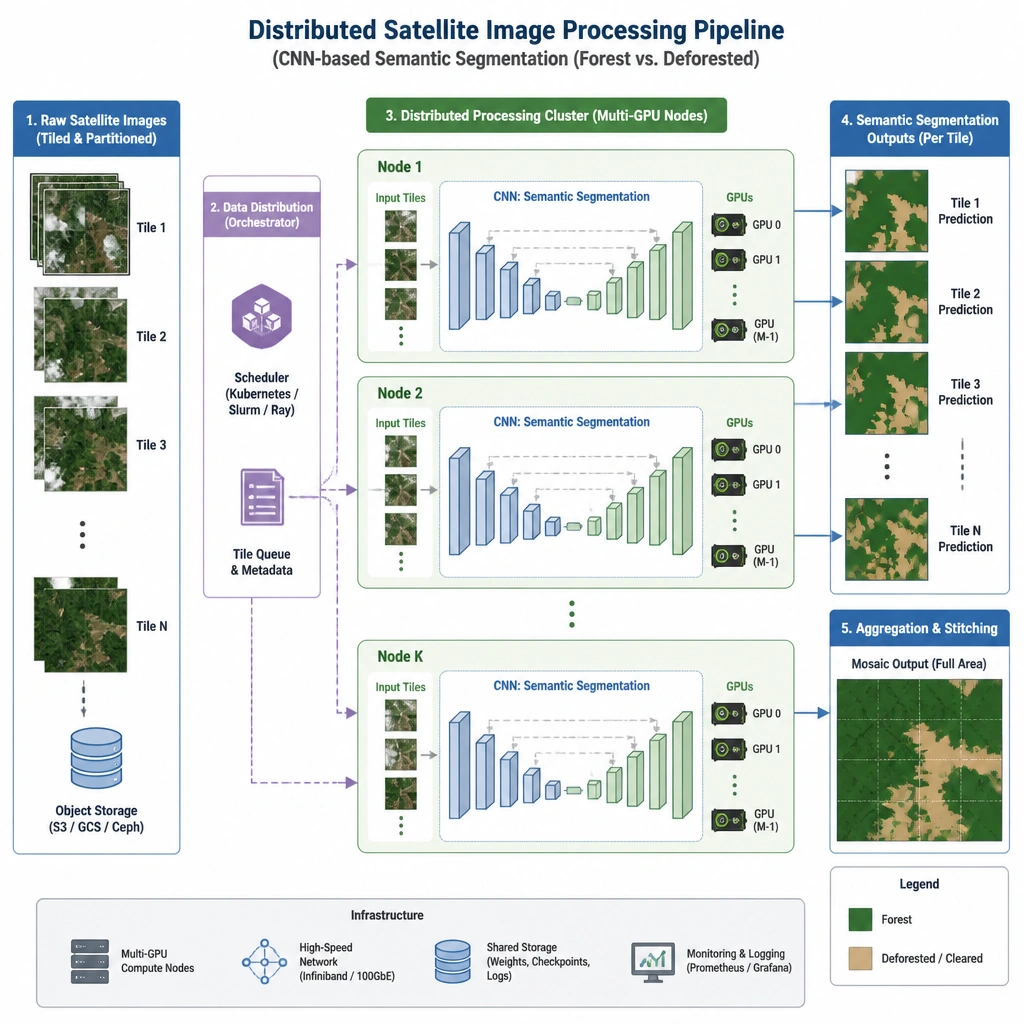 The image should depict a pipeline architecture for distributed satellite image processing. It should illustrate raw satellite images being distributed across a cluster of multi-GPU nodes, showing a Convolutional Neural Network (CNN) performing semantic segmentation (pixel-level classification showing forest vs. deforested areas) on the GPUs.