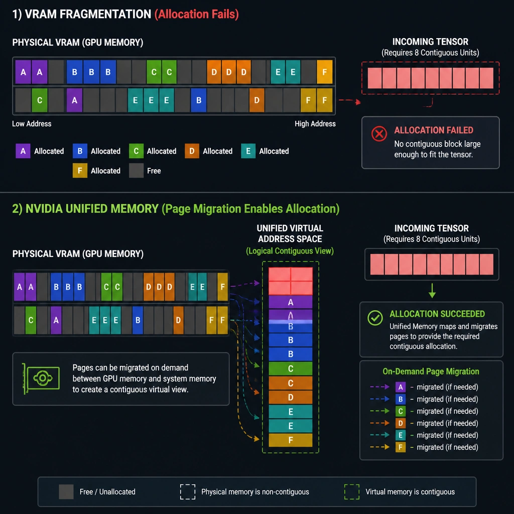 The image should illustrate VRAM fragmentation. Show a block of GPU memory divided into small allocated and free segments (like a fragmented hard drive or parking lot). A large incoming tensor is shown trying to fit into the memory but fails because the free slots are not contiguous. The second half of the image should show NVIDIA Unified Memory enabling page migration, mapping these fragmented segments into a unified virtual space to allow the allocation to succeed.