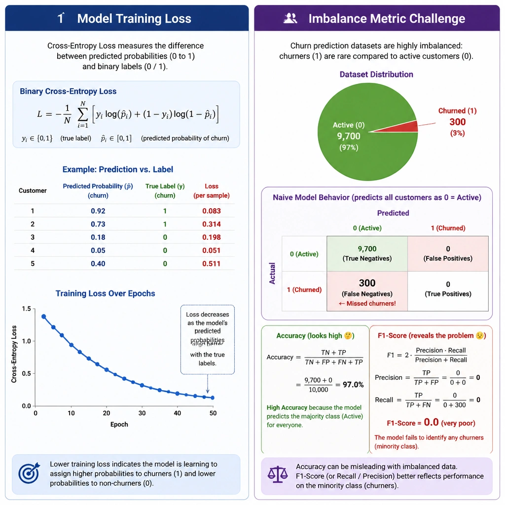 The image should show a split visualization. The left side illustrates "Model Training Loss" showing cross-entropy loss tracking the difference between predicted probabilities (0 to 1) and binary labels. The right side illustrates an "Imbalance Metric Challenge" showing a skewed dataset of active vs. churned customers, highlighting why a naive model has high "Accuracy" but a low "F1-Score" due to failing to identify the minority class (churners).