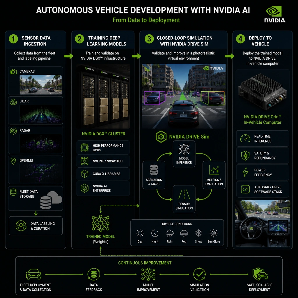 A visual showing the workflow of autonomous vehicle development using NVIDIA AI: from sensor data ingestion, to training deep learning models on a DGX cluster, to real-time closed-loop simulation in a virtual environment (NVIDIA DRIVE Sim), and finally deploying the trained model onto the in-vehicle computer.