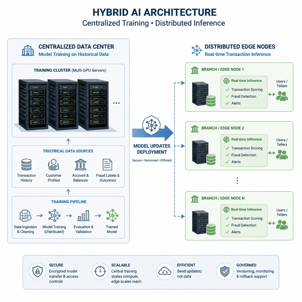 An architectural diagram showing a hybrid AI setup: on the left, a centralized data center containing a cluster of multi-GPU servers running model training on historical databases; on the right, distributed edge nodes (or bank branch servers) running real-time transaction inference, with an arrow showing model updates being deployed from the center to the edge.