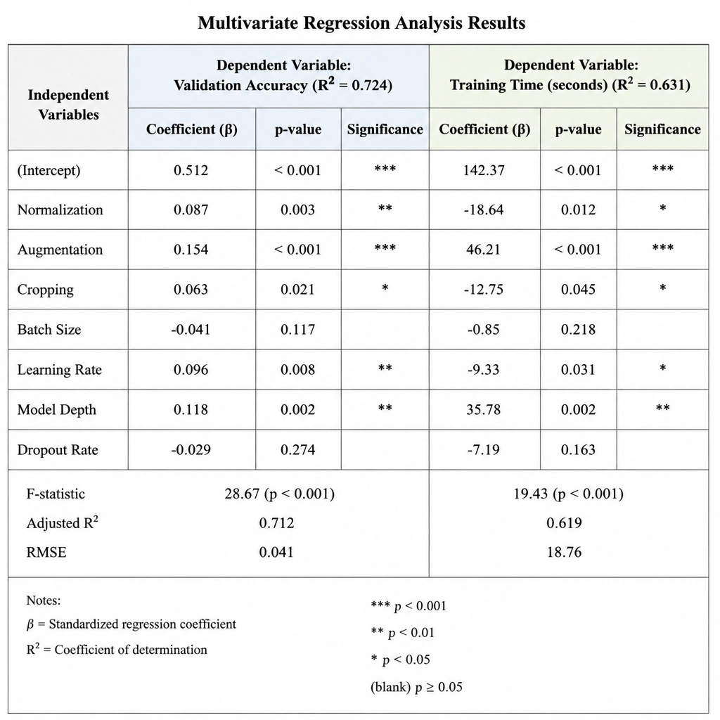 A statistical table showing multivariate regression analysis results, with independent variables (e.g., Normalization, Augmentation, Cropping) in rows, and columns for coefficients, p-values, and significance markers pointing to dependent variables like 'Validation Accuracy' and 'Training Time (seconds)'.