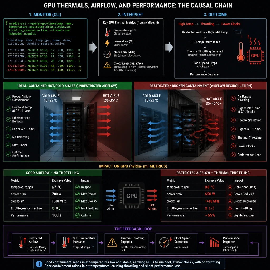 A split diagram representing the troubleshooting workflow for thermal throttling. The first part shows a terminal output of 'nvidia-smi' indicating high temperature and a throttled power state. The second part shows a physical inspection of a server rack inside a data center, illustrating hot/cold aisle airflow containment and clean intake vents.