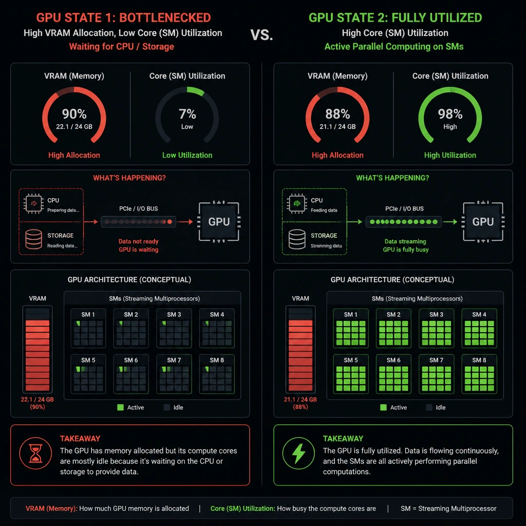 The image should contrast two GPU states: one with high VRAM allocation but low Core (SM) utilization (showing a bottleneck waiting for CPU/storage), and one with high Core (SM) utilization (showing active parallel computing on the Streaming Multiprocessors).