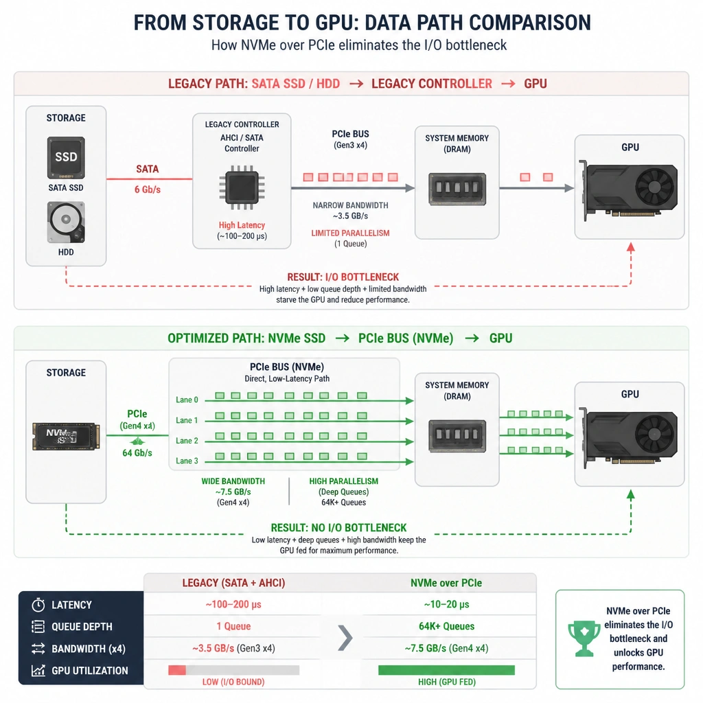 An architectural diagram demonstrating the data flow from storage to GPU. It should compare a legacy storage path (SATA SSD/HDD through a legacy controller with high latency and narrow queues) against an optimized NVMe path (direct connection via the PCIe bus, showing parallel channels and deep queues leading to the GPU), highlighting how the NVMe path eliminates the I/O bottleneck.