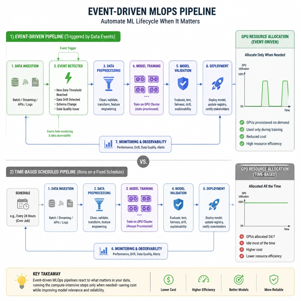 A flowchart of an event-driven MLOps pipeline. The diagram shows data ingestion triggering an event (e.g., 'New Data Threshold Reached' or 'Data Drift Detected'), which automatically starts the data preprocessing, model training on a GPU cluster, model validation, and deployment steps. It should contrast this with a time-based schedule, showing how the event-driven system dynamically allocates GPU resources only when necessary.
