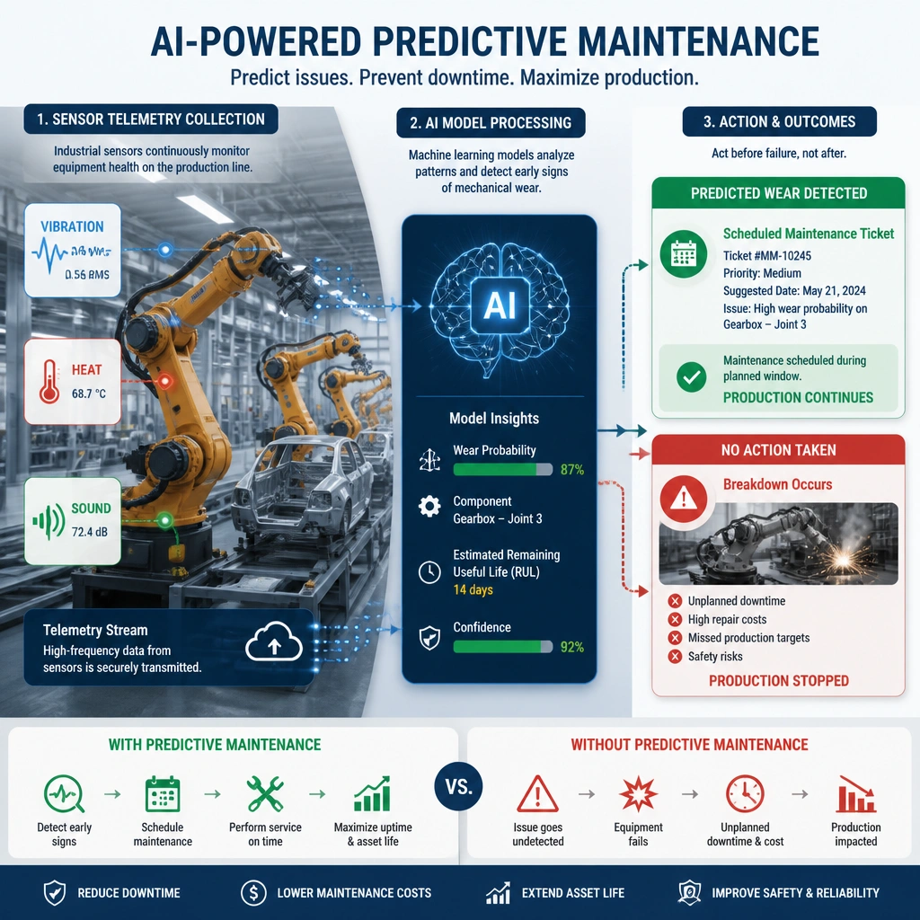 An infographic representing an industrial manufacturing plant. On one side, it shows sensor telemetry (vibration, heat, sound) being collected from assembly-line robotic arms. On the other side, an AI model processes this data to predict mechanical wear, generating a scheduled maintenance ticket before a breakdown occurs, contrasted with an unplanned shutdown scenario.