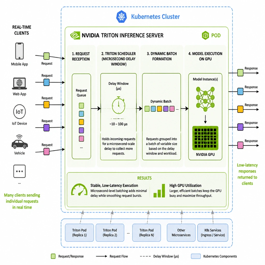 A schematic diagram of NVIDIA Triton Inference Server operating in a Kubernetes cluster. The diagram shows multiple individual, real-time client requests arriving at the Triton server. Triton's scheduler holds requests for a microsecond-scale delay window to group them into a dynamic batch before executing them simultaneously on the GPU, resulting in stable, low-latency execution and high GPU utilization.