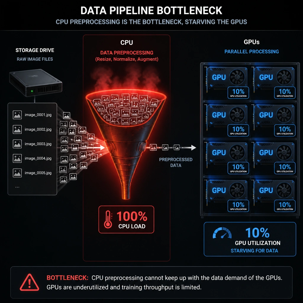 A diagram illustrating a data pipeline bottleneck in a GPU server. It shows a storage drive feeding raw image files to a CPU block. The CPU block is labeled 'Data Preprocessing (Resize, Normalize, Augment)' and is depicted as a congested funnel colored in hot red with a '100% CPU Load' badge. The funnel output feeds a tiny trickle of preprocessed data to a large array of GPUs, which are colored in cool blue with '10% GPU Utilization' badges, indicating they are starving for data.