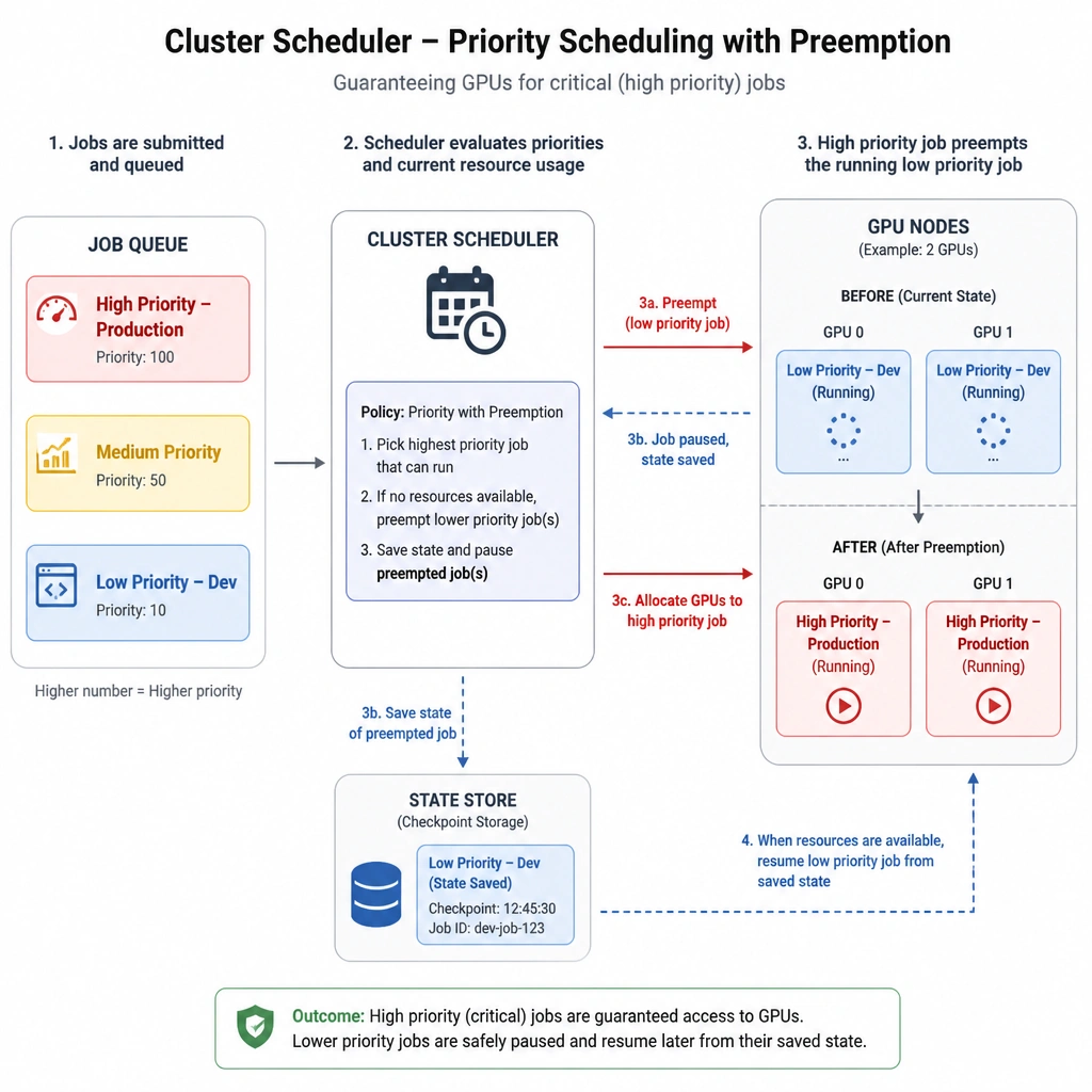 A workflow diagram of a cluster scheduler. Three jobs are queued: a red box ('High Priority - Production'), a yellow box ('Medium Priority'), and a blue box ('Low Priority - Dev'). The scheduler routes the red box to the GPUs, preempting (pausing) an active blue box job and saving its state, illustrating how priority scheduling guarantees resources for critical jobs.