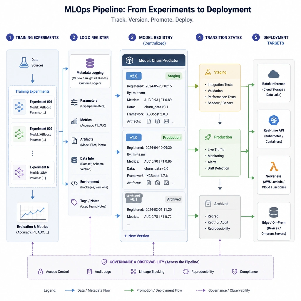 A diagram illustrating the MLOps pipeline flow from training experiments to a centralized Model Registry, showing versioning (v1.0, v2.0), metadata logging, and transition states (Staging, Production) leading to deployment targets.