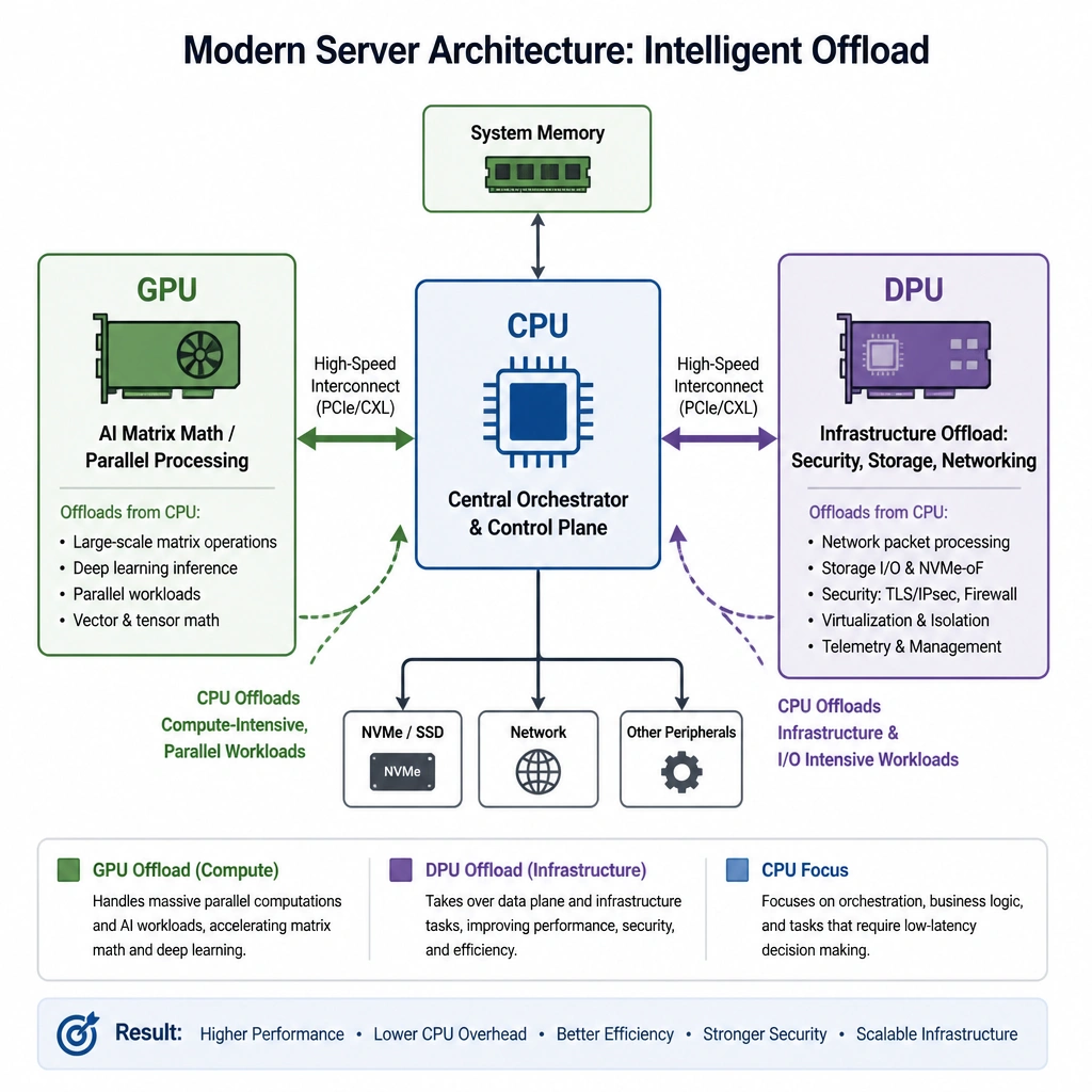 A schematic diagram of a server architecture showing the CPU at the center, connected to a GPU (labeled with AI Matrix Math/Parallel Processing) and a DPU (labeled with Infrastructure Offload: Security, Storage, Networking), demonstrating how each component offloads different work from the CPU.