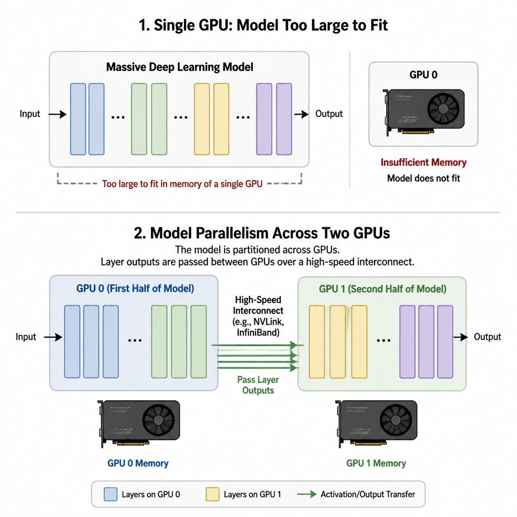 Diagram showing a single massive deep learning model that cannot fit on one GPU, contrasted with the model partitioned across two GPUs (Model Parallelism) using high-speed interconnects to pass layer outputs.