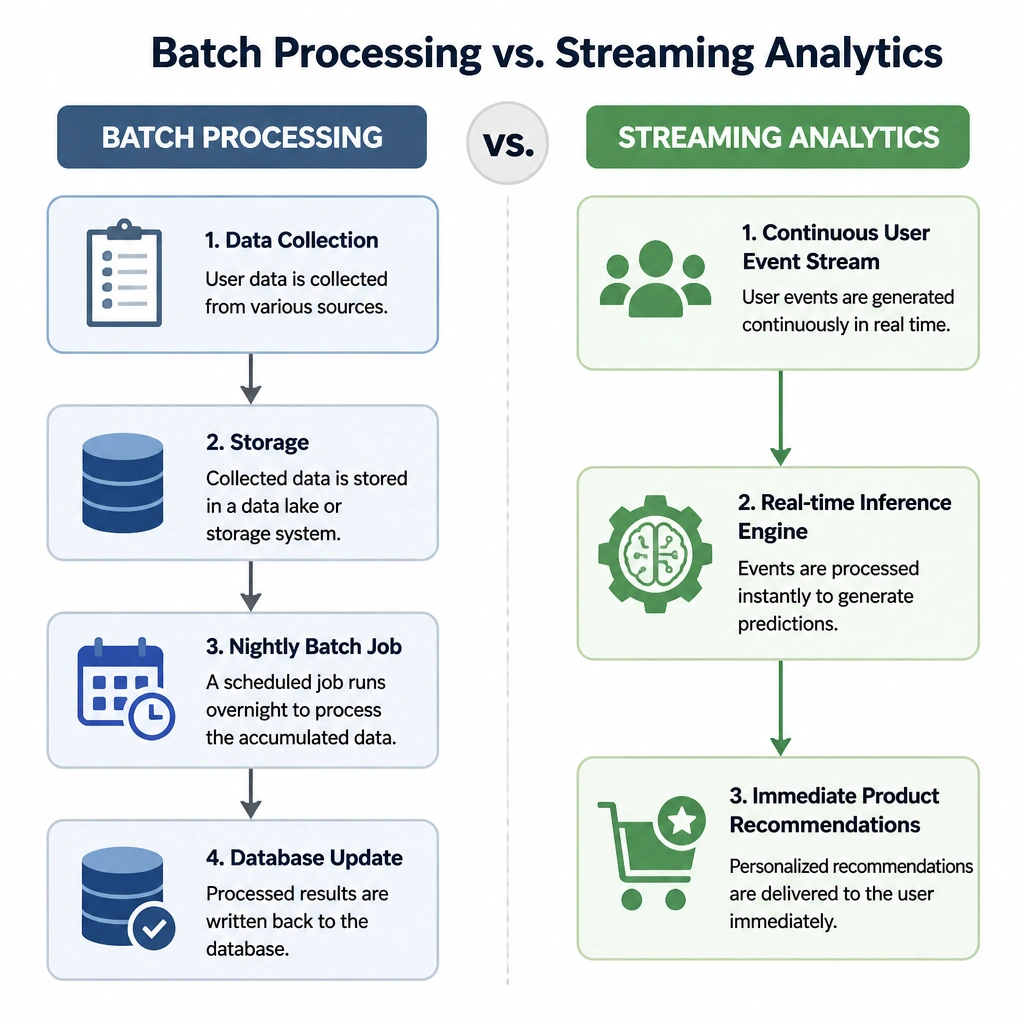 A flowchart comparing Batch Processing (data collection -> storage -> nightly batch job -> database update) with Streaming Analytics (continuous user event stream -> real-time inference engine -> immediate product recommendations).